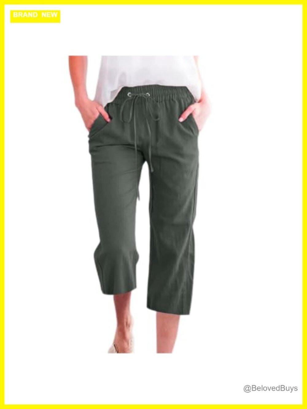 Cotton Linen Capri Pants Women Drawstring Wide Leg Cropped Summer Casual